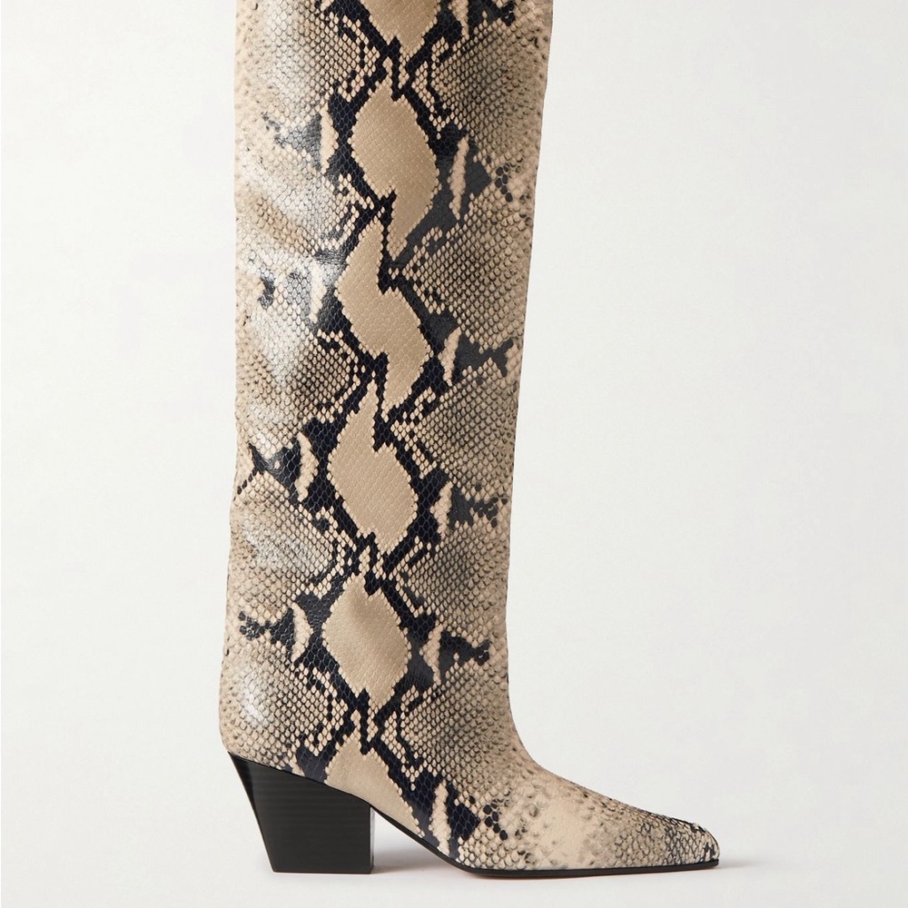 Paris Texas Snake Print Heeled Boots - Black and Cream